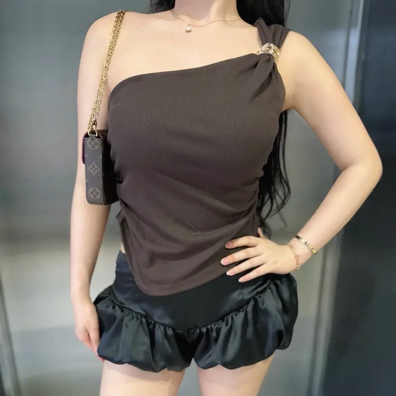 Luxia Bross Atasan Wanita One Shoulder Bahan Lembut Baju Crop Stylish variasi 4