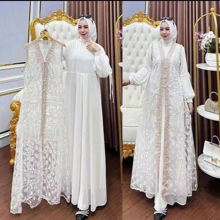 Bisa Cod Gamis Pesta Wanita Jumbo Ukuran M L XL XXL 3XL 4XL Ld 100-140cm // Qinara Dress Set Iner Plus Outer Lepas Pasang // Dress Iner Ceruty Outer Brukat Renda // Gamis Wanita Jumbo // Dress Kondangan Setelan Gamis Iner Outer  Panjang Gaun 1