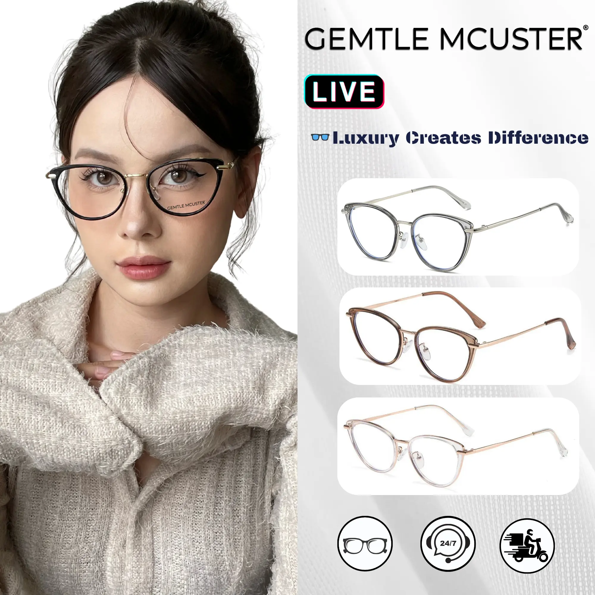 【GEMTLE MCUSTER】Kính Đổi Màu Gọng Mắt Mèo Siêu Nhẹ R8074 Dành Cho Nữ Thiết Kế Trẻ Trung Chống Ánh Sáng Xanh Khung Tr90 Hình Học