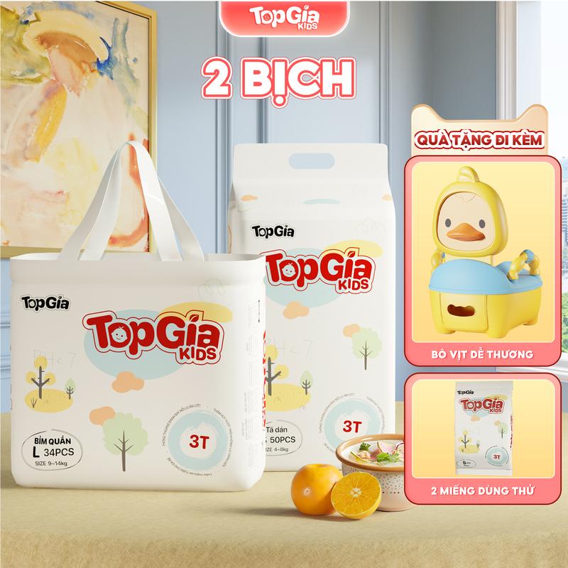 (LIVE) [2 BỊCH TẶNG BÔ VỊT DỄ THƯƠNG] Tã/Bỉm cho bé, bỉm TopGiaKids pH < 7 ngừa hăm, đai chun đệm mây mềm mại co dãn 4 chiều, thấm hút bề mặt khô thoáng size S đến XXXL cho bé từ 4-20kg kem (bỉm)