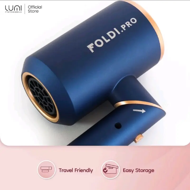 Hair Dryer Foldi Pro 1000w Original Biru by Lumi - Folding Handle, 2 Heat & 2 Speed, 3 Nozzle Design - Pengering 2