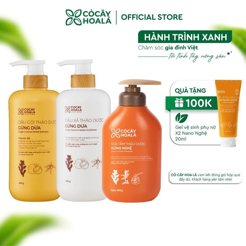 [COMBO MẸ SAU SINH] Combo Dầu Gội Xả Thảo Dược Gừng Dừa Cỏ Cây Hoa Lá 650g & Sữa Tắm Thảo Dược Gừng Nghệ Cỏ Cây Hoa Lá 500g - Hỗ trợ mọc tóc, sạch gàu, giữ ấm