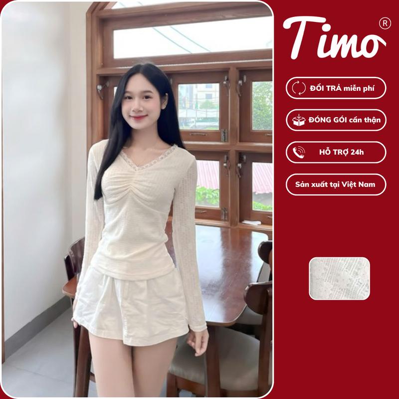   TIMO 2025  - Áo thun ren dài tay Timo Áo thun ren cổ V phối ren nhún ngực tôn body cực xinh - AOT084 
