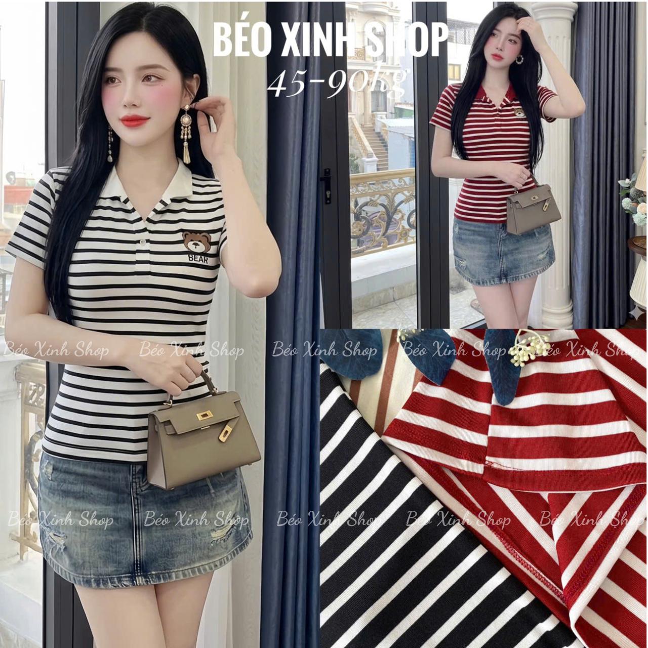 Áo Thun Nữ Cổ Polo Vải Borit Sọc Thêu Gấu Cao Cấp Thanh Lịch Bigsize 45–90kg Dễ Thương Nữ Women Top Nhung - A.1692