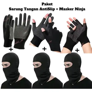 Paket Motoran Riding Sarung Tangan Antislip Dan Masker Ninja Hitam Tebal Halus Nyaman Di Pakai