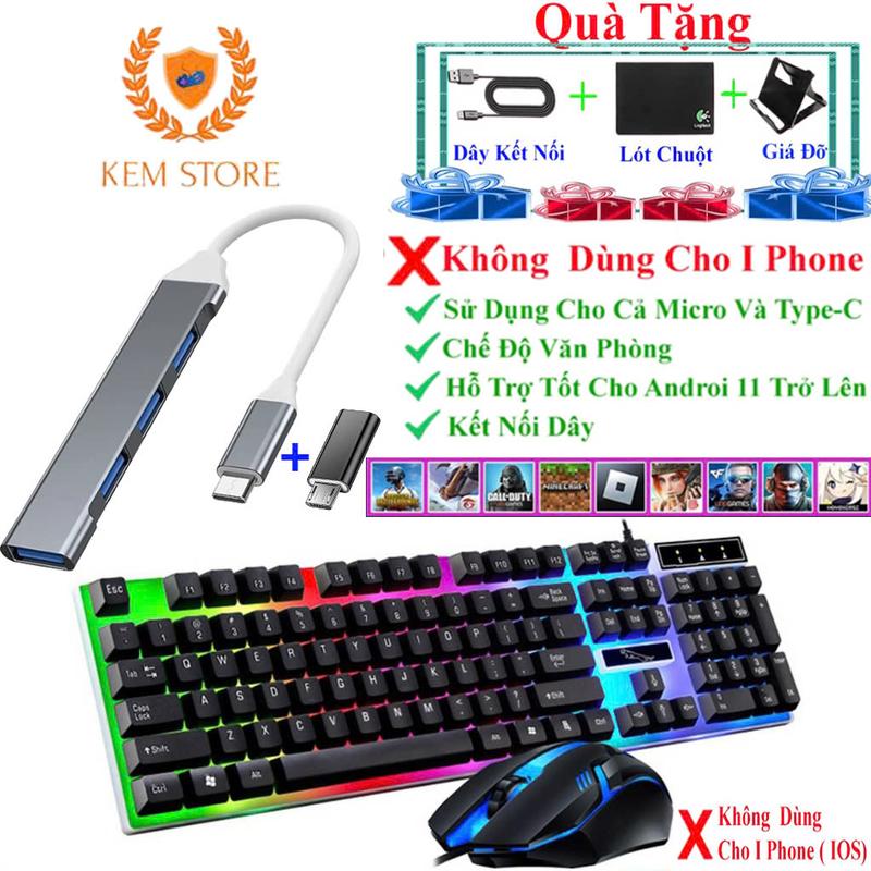 Combo OTG + Bàn Phím Chuột G21B Led 7 Màu Hỗ Trợ Chơi Điện Tử Minecraft,Rolbox,Free Fire, Pubg....Cho Androi
