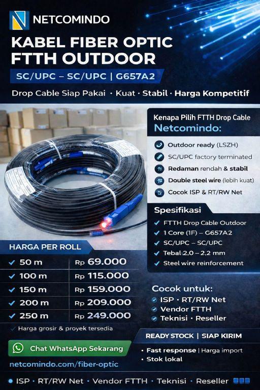 Netcomindo Kabel Fiber Optic FTTH Siap Pakai 150 m untuk Instalasi Outdoor G657A2 SC/UPC Koneksi Stabil dan Praktis Netcomindo Kabel Fiber Optic FTTH Siap Pakai 150 m untuk Instalasi Outdoor G657A2 SC/UPC Koneksi Stabil dan Praktis