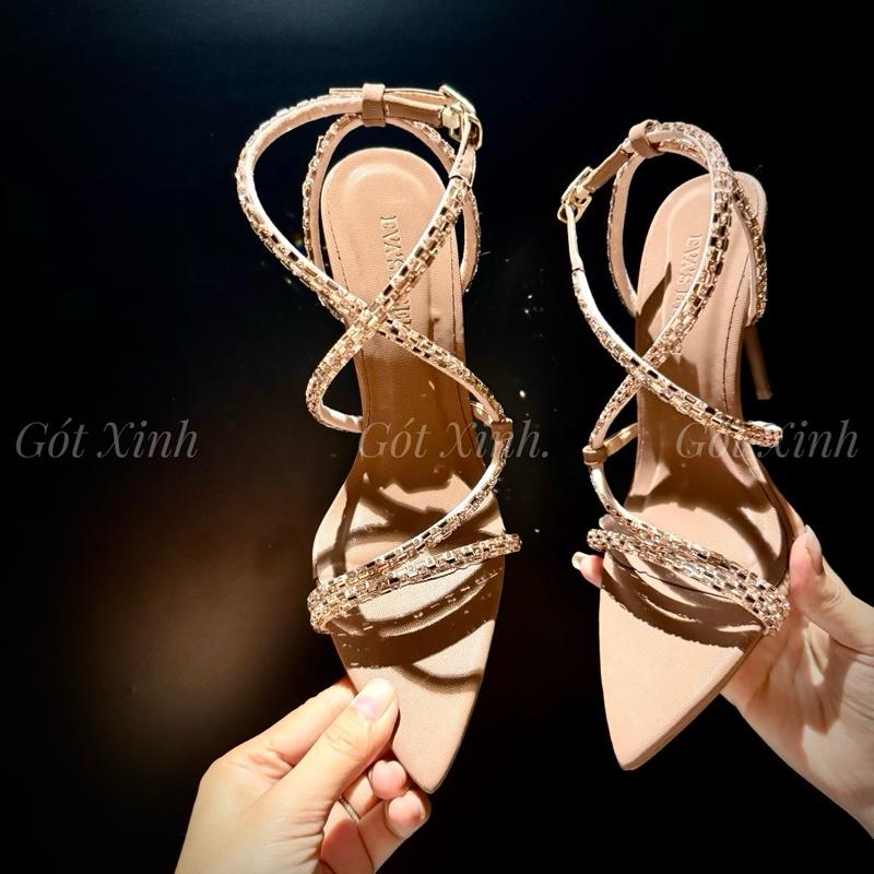 GÓT XINH - Giày Sandal nữ cao gót mũi nhọn hoa hậu 3 quoai đá ngang màu hồng đất- sang chảnh cao 7 9 10 11 12cm shoes (HHN) Dép guốc Nhung Jean Đồng giày  sandal