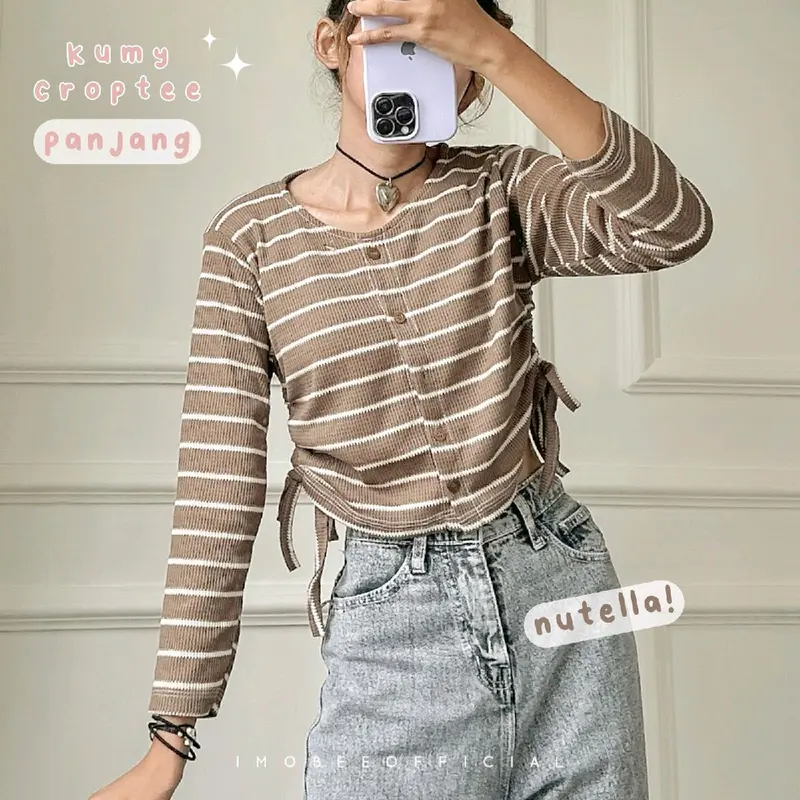 kumy crop stripe lengan panjang / atasan waffle garis crop / blouse serut korea 7