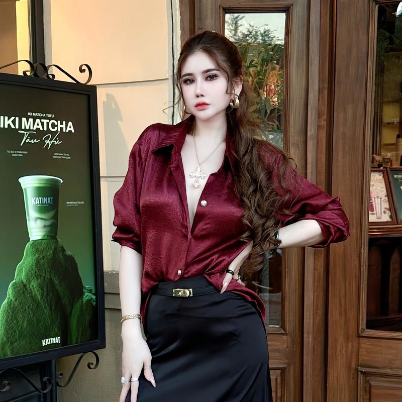 ÁO LẺ - Sơmi tay dài Thiết kế, LỤA VÂN ĐÁ vạt bầu (form rộng)