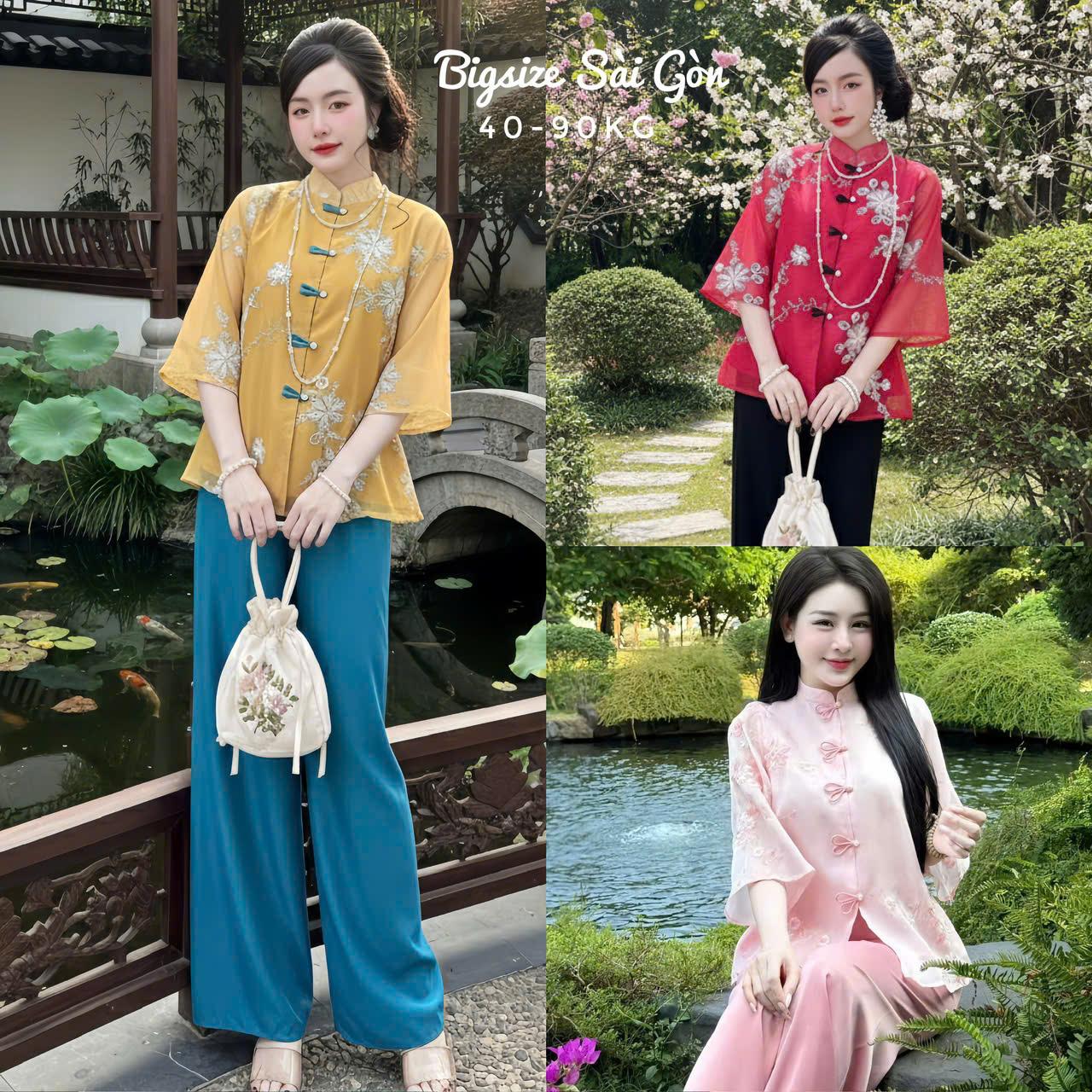 [Tết 2026] Set Đồ Lam Nữ Đi Chùa Thêu Hoa Dáng Suông Thanh Tịnh Nhẹ Nhàng Mềm Mát Vải Áo Tơ Ánh Kim 2 Lớp Quần Lụa Chéo 40-95Kg Nữ Women Dress Voan - A.1708