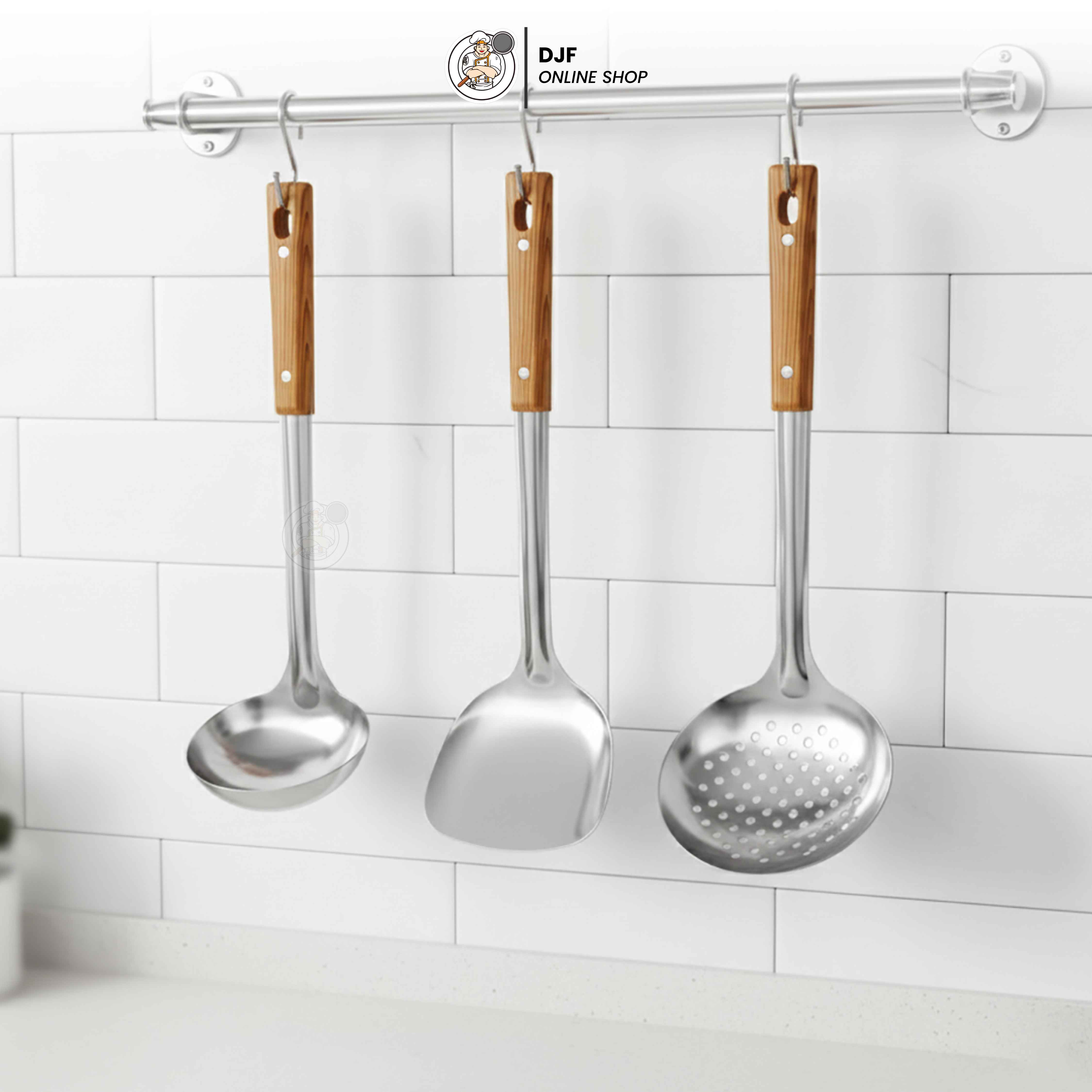 (1set isi 3pcs) Alat Masak Stainless Steel Gagang Panjang Kayu Irus Sodet Skimmer Kuat Tebal Tahan Lama Anti Panas