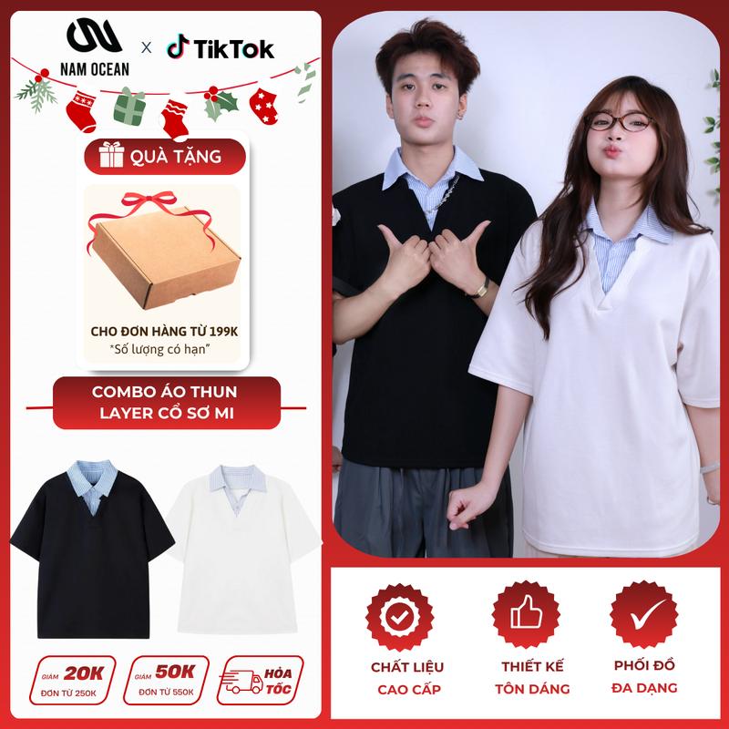  Nam Ocean - Combo Áo Thun Layer Cổ Phối Sơ Mi Nam Nữ Áo Phông Unisex Form Rộng Hàn Quốc Chất Vải Umi Cao Cấp M11 