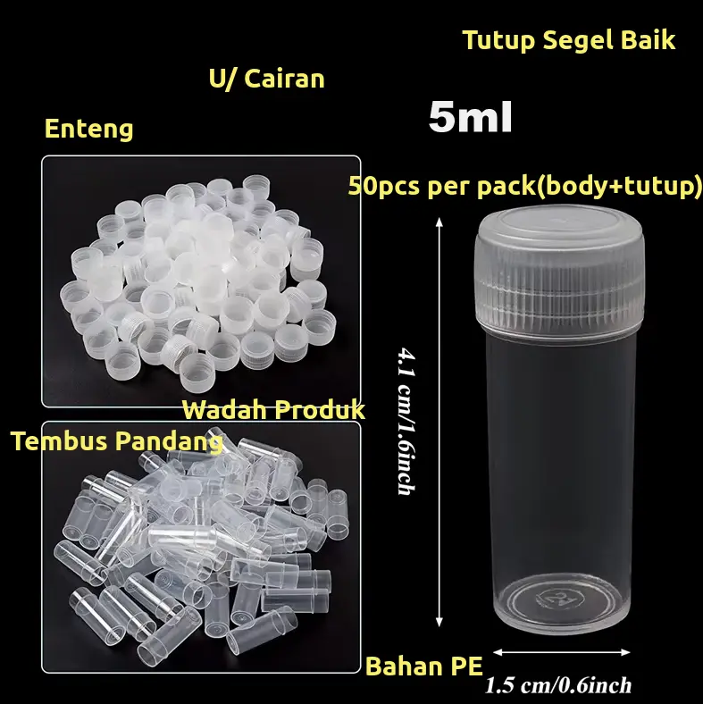 Botol Plastik Vial 5ml 5g Bahan PE Enteng Kedap Transparan Cairan Bubuk Padat Wadah Produk Cantik 50set per pack