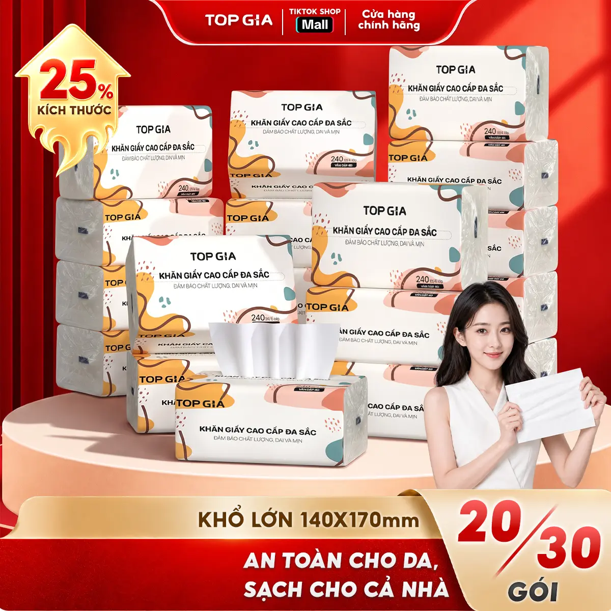 (DEAL GIỚI HẠN - MUA HÔM NAY) Thùng 20/30 Gói Giấy Ăn Đa Sắc TopGia, Giấy Ăn Cao Cấp Dập Vân 4D, 4 Lớp, Dai, Mềm Mịn, Khăn Giấy Vệ Sinh, Khăn Giấy Gia Đình Đa Năng. ĐẠT QUY CHUẨN CỦA BỘ CÔNG THƯƠNG. VTG84