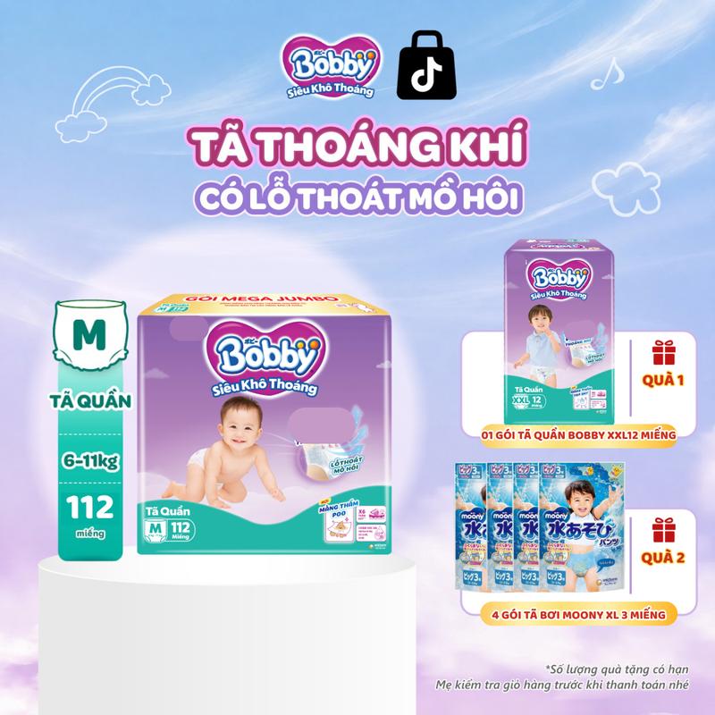 Bobby Tã/bỉm quần Siêu khô thoáng M112/L96/XL84/XXL76/
