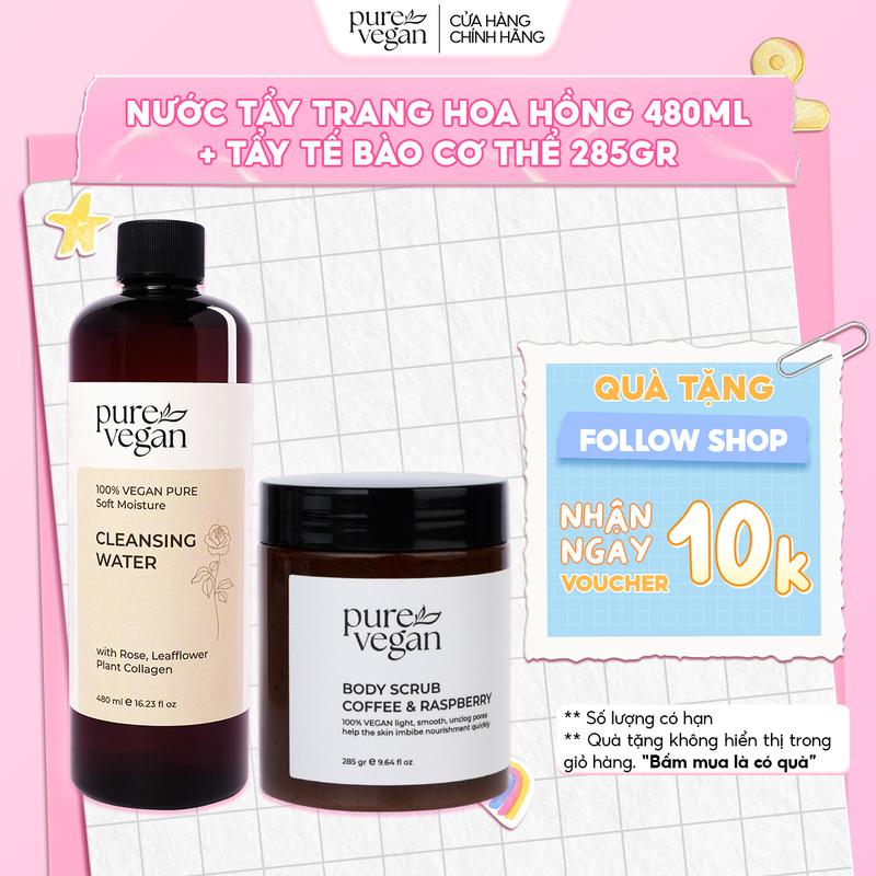 Combo Nước Tẩy Trang Thuần Chay Pure Vegan Làm Sạch Dưỡng Ẩm Da (480ml) & Tẩy Tế Bào Body Thuần Chay Scrub Coffee & Raspberry (285g)