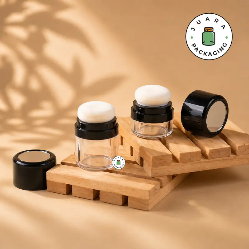 Wadah Acrylic 5gr 10gr Tempat Bedak Tabur Warna Hitam dengan Sponge – Pot Travel Kosmetik Isi Ulang untuk Bedak Powder, Loose Powder, Blush, Makeup Jar 5g 10g