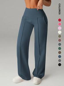 Pantalones de pierna ancha elásticos de cintura media para mujer, estilo deportivo casual, cómodos con bolsillos laterales, ropa multifuncional para otoño invierno