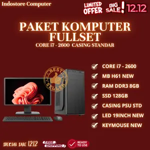 PROMO PAKET KOMPUTER FULLSET SIAP PAKAI CORE I7 2600 RAM DDR3 8GB SSD 128GB CASING PSU NEW MONITOR LED 19INCH NEW KEYMOUSE NEW