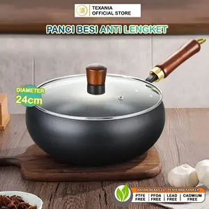 [PROMO SPESIAL BULAN INI] TEXANIA Panci Besi Non-Coating Anti Lengket Gagang Kayu Tutup Kaca Diameter 24cm Kitchenware