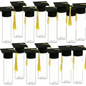Juego de 15 contenedores para dulces de graduación, frascos de plástico con gorro de graduación y pegatinas con borlas, frascos Mason para decoraciones de fiesta hechas por ti mismo, regalos de la clase del 2026