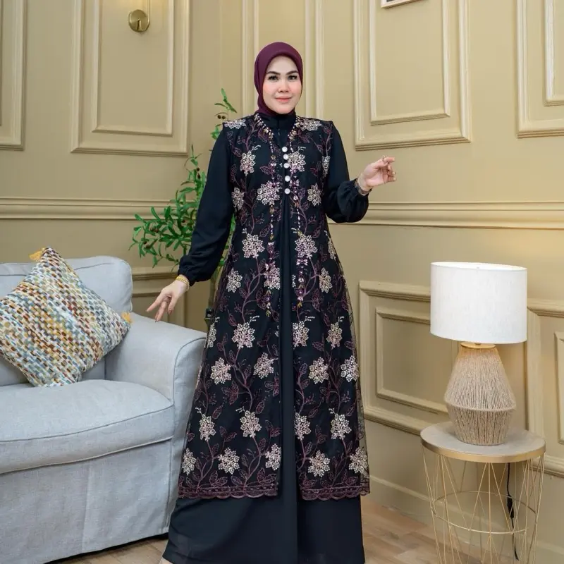 Syifa Dress / Gamis Mewah Pesta / Seragaman Pesta / Gamis Tile Bordir Payet Etnic / Gamis Brokat / Gamis Terbaru / Gamis Modern / Kebaya Pesta / Gamis Kondangan / Dress Kebaya Wisuda Ceruty Motif Muslim Mutiara Outer Woven Yarn Dyed Fabric tille payet hit