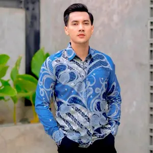 BATIK PRIA DEWASA . KEMEJA BLUE DENIM Panjang Pendek Baju Nyaman Lembut Motif Biru