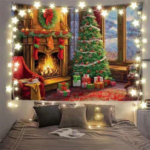 Natal Pemandangan Salju Jendela Latar Belakang Kain Suasana Liburan Berpakaian Gantung Kanvas Ruang Tamu Dinding Penutup Kain Kanvas Langsung untuk Dekorasi Rumah