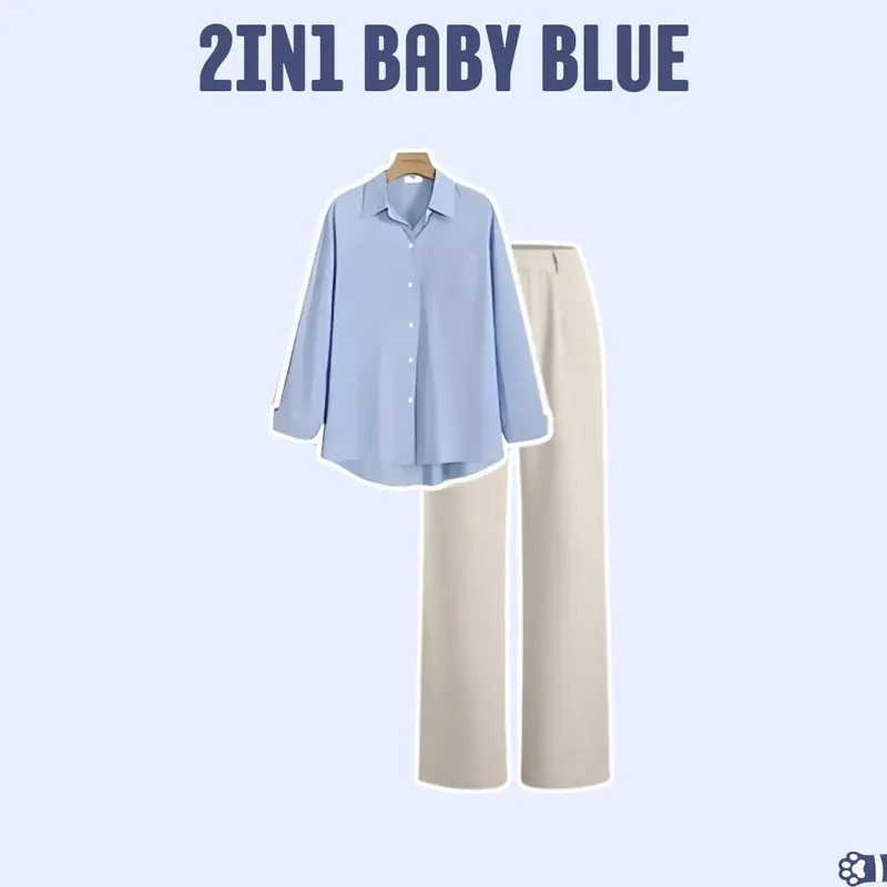 Baby Blue Oneset Celana 3in1 (Kemeja biru, celana ivory, dan tas putih) Korean style Wanita Cantik - PS12 5