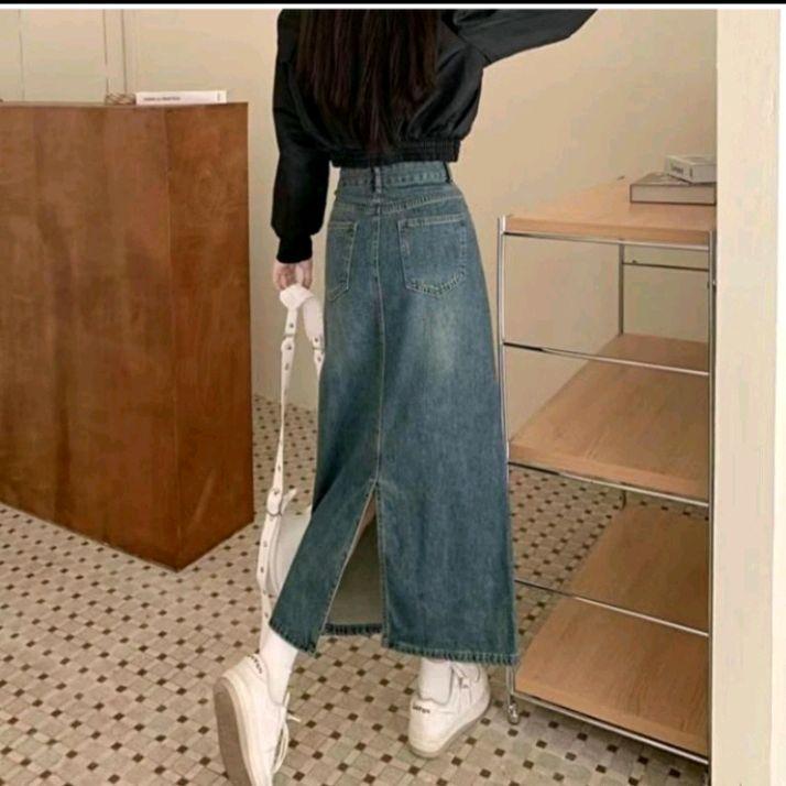 Rok Jeans Highwaist A- Line panjang 7/8 - Basic Skrit Jeans 780 || Rok Jeans Wanita Korean Style cantik 6