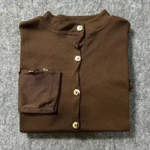 Cardigan Rib Knit Premium Wanita dengan Kancing dan Pita