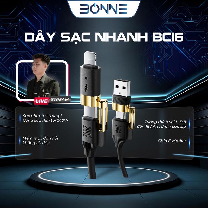 ( Bonne x Huỳnh Toàn ) Dây Sạc Nhanh BC16 4in1 Công Suất 240W Chính Hãng By Bonne TECHNOLOGIQUE, Dây Sạc Đa Năng 4 Đầu Sạc, Sạc Được Cho Cả Điện Thoại Và Máy Tính, Bảo Hành Chính Hãng 12 Tháng