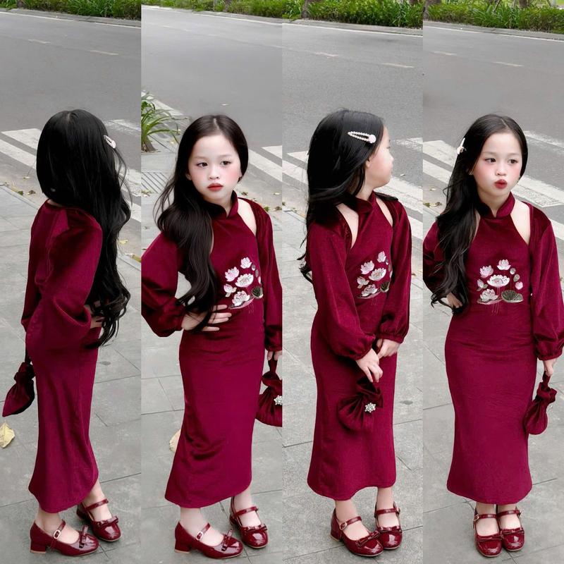 8-30KG DEAL MỞ BÁN -TẶNG KÈM TÚI váy đầm nhung cổ yếm thêu hoa kèm áo choàng xinh xắn cho bé