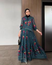 Gambar GONEGANI OFFICIAL - Dress Wanita Motif Bunga Bahan Organza Tissue Floral Embroidery Halwa Dress - Mocca dari gonegani_NEW Kota Bandung 1 Tokopedia
