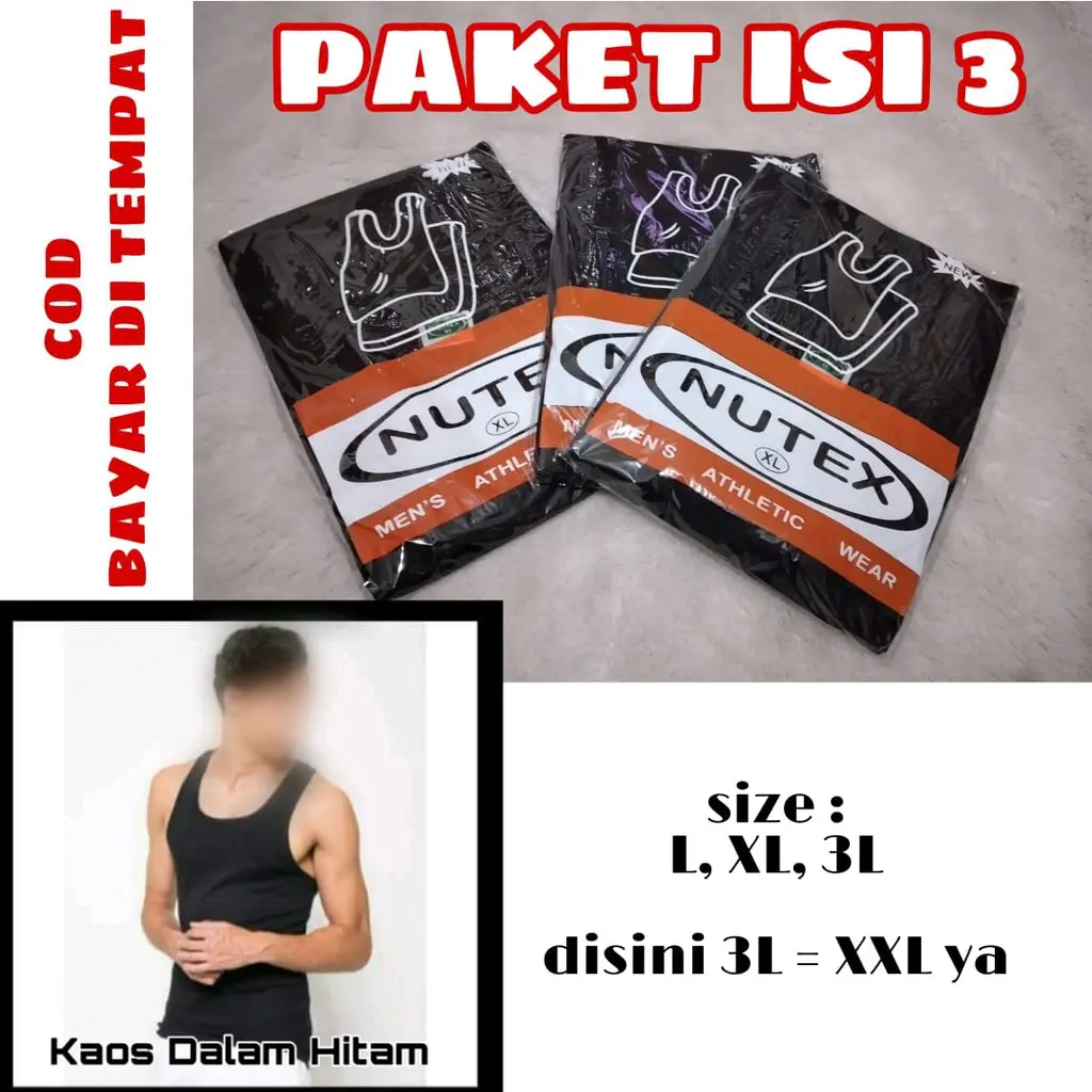 3 pcs singlet nutex hitam pria dewasa termurah | kaos dalam nugros nutex Hitam Polos Katun Santai Motif Oblong