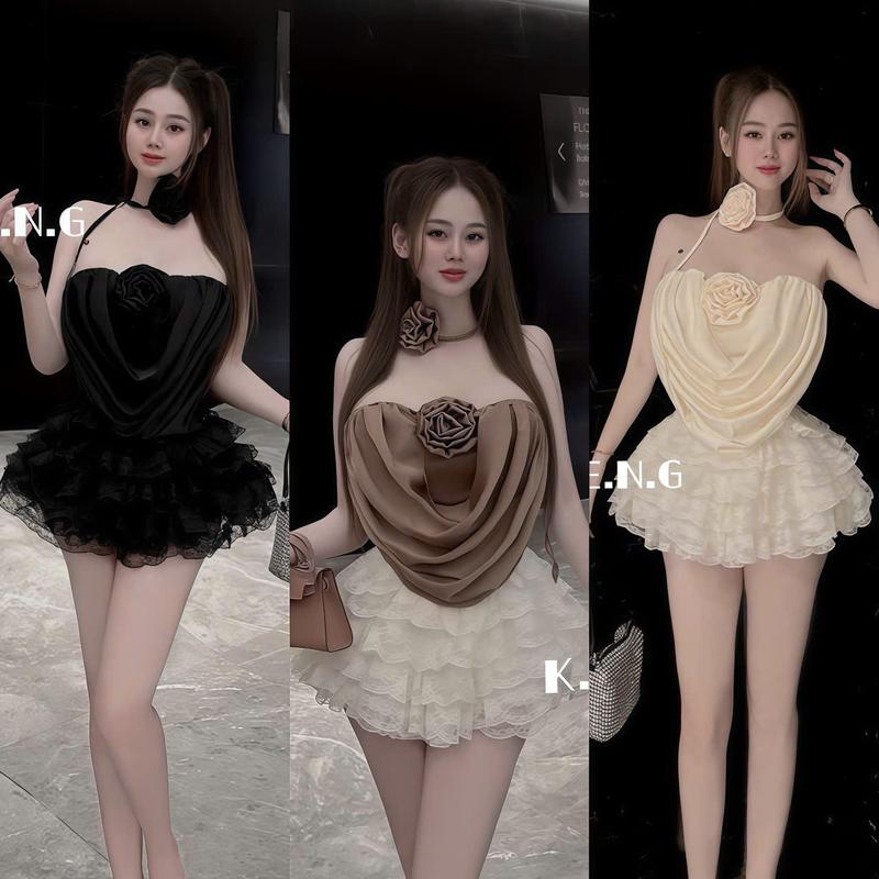 Set đồ nữ áo satin cúp bầu cổ đổ đính bông có mooking sau phối chân váy ren tầng ( có lót ) sang chảnh, xinh xắn, tôn dáng phù hợp cho các nàng diện đi tiệc và nhiều dịp khác nhau