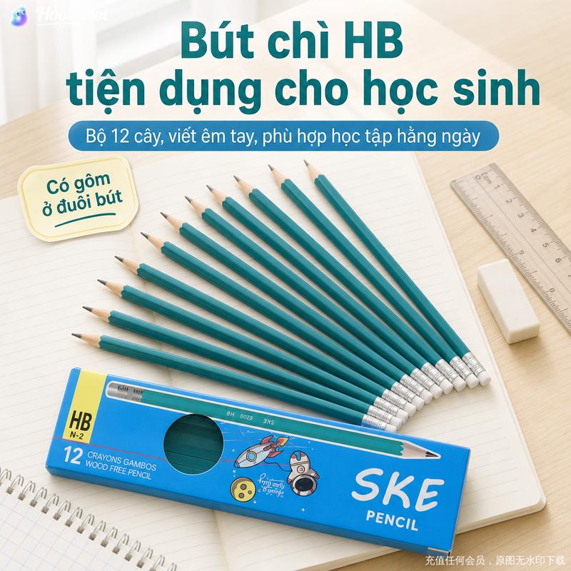 Bút chì 12 cây/hộp – Ngòi đều, viết êm, gọt dễ, dùng cho học tập văn phòng