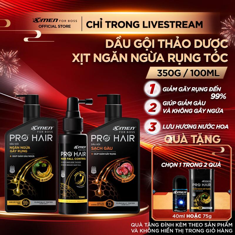   MỚI  COMBO MUA 1 TẶNG 1  Dầu Gội Xmen for Boss Pro Hair Ngăn Gãy Rụng Tóc Sạch Gàu 350g Xịt Ngăn Ngừa Rụng Tóc + Tặng DG Ngăn Gãy Rụng 75g hoặc Lăn Legend 40ml-Chiết Xuất Nhân Sâm & 6 Loại Thảo Dược 