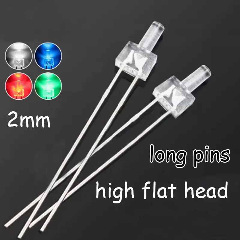 LED LED F2/2MM high flat head transparent long foot white hair red blue green white LED straight insert lamp beads