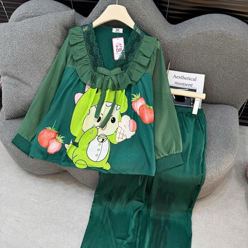 (40-60kg) Bộ tiểu thư cổ V tay dài phối voan chất liệu lụa xước nhiều mẫu Áo Ngủ Quần Ngủ Nữ Women Voi Nhung  Nho