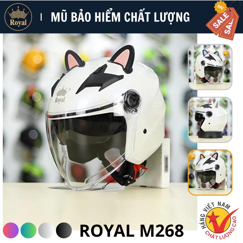 Nón Bảo Hiểm 3/4 Royal M268 Có 2 Kính Màu Trắng Bóng - Gắn Tai Mèo Siêu Kute Helmet