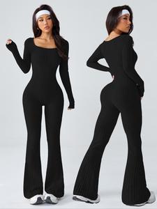 Mono deportivo de yoga para mujer con cuello en U y manga larga, romper ajustado por debajo de la rodilla tejido de punto para todas las estaciones, ropa casual de moda