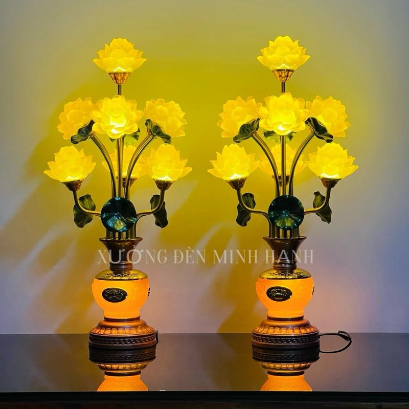 Tặng Kèm Chuỗi Trầm 108 Hạt Đèn 7 Bông Hoa Sen Lá Xanh- Thân Bầu Khắc Sen Phú Quý Liên Hoa - Cao ~70cm | Tặng 4 LED Dự Phòng | Minh Hạnh Chỉ Bán Hàng Loại 1