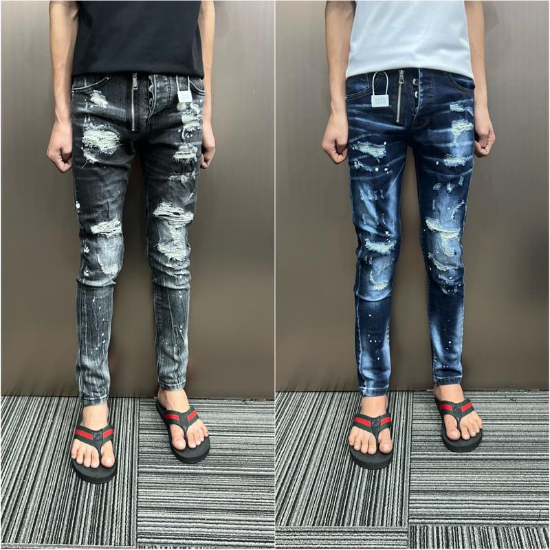 Quần jean xám khói và xanh nam mix rách khoá lệch mã PS
