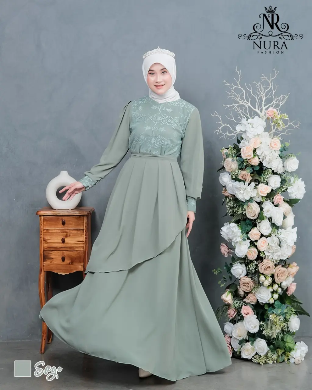 Monica Dress | Gamis Bridesmaid Set Tali Bisa Lepas Pasang | Ceruty MIX brukat Premium | Sage Green