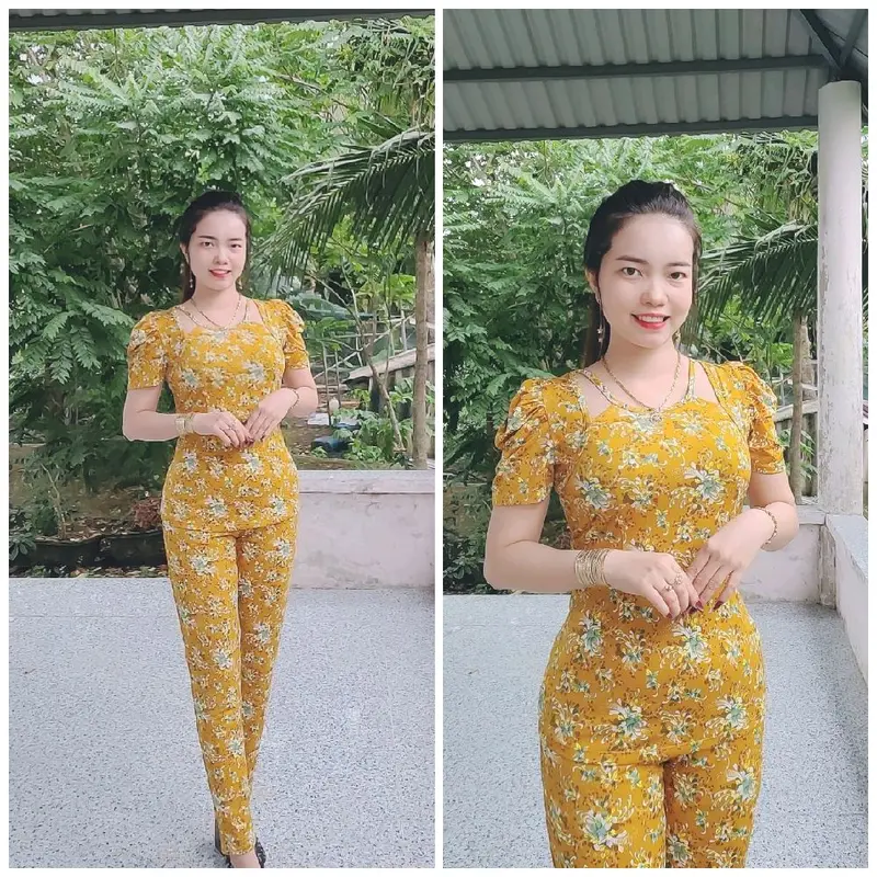 đồ bộ cổ yếm tay phồng quần dài ống nhỏ size 40-78kg Nữ Thun Áo 3