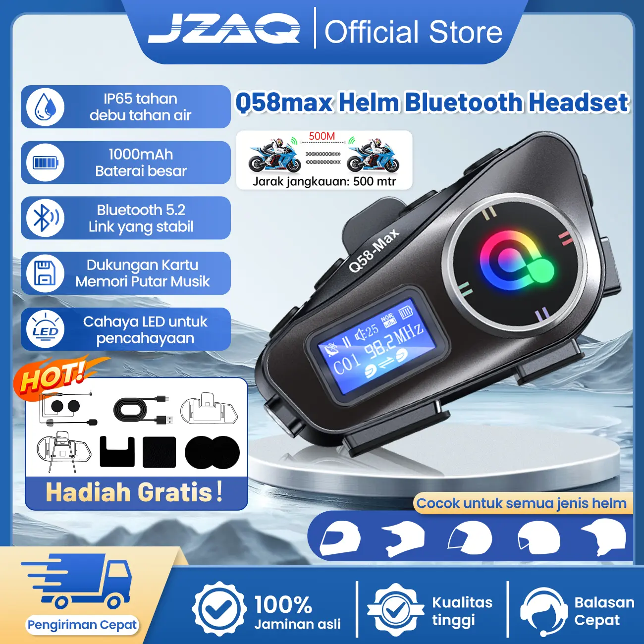 JZAQ Q58-MAX Intercom Headset Helm Bluetooth 5.3Layar LCD Tahan Air Hujan Radio Music Komunikator Bluetooth Helm Motor Dua orang mendengar lagu yang sama 1000mAH