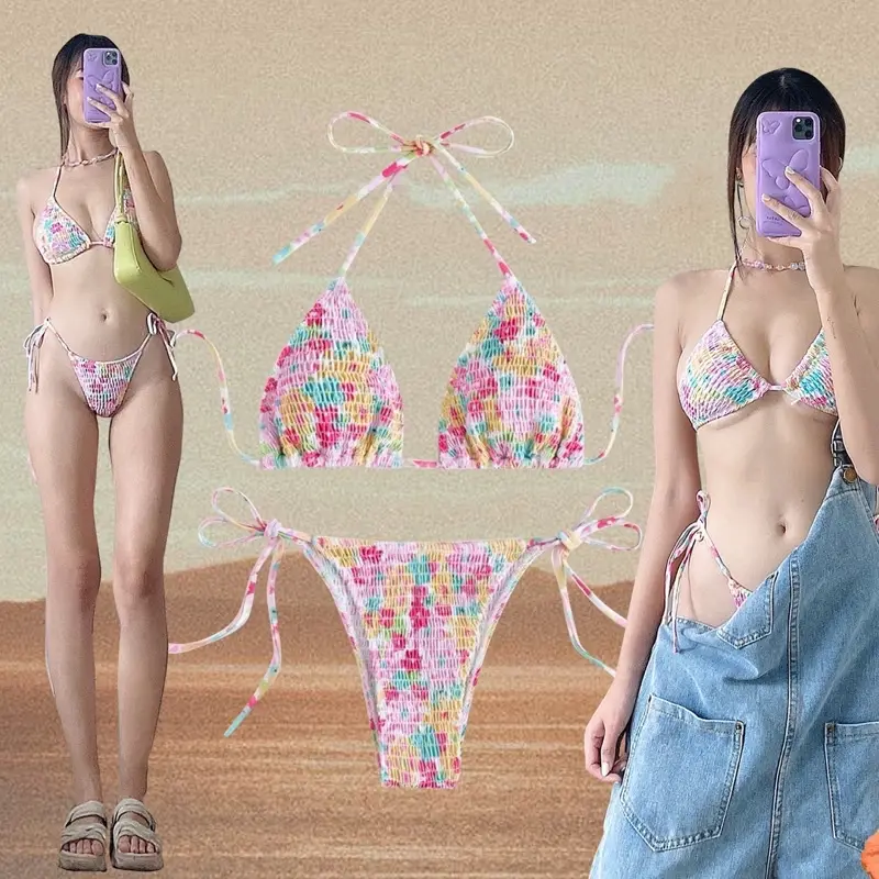 Fashion Woman Flower Printed Pleated Fabric Bikini Strap Swimwear