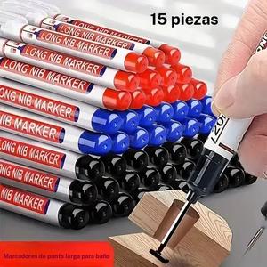15Pcs Marcadores de cabeza larga impermeables de 2cm, Marcador para agujeros profundos para Metal Carpintero en rojo/negro/azul, Herramientas de carpintería